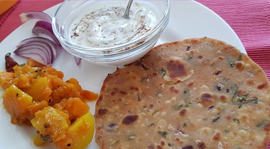 besan missi, muskat pumpkin, and boondi raita